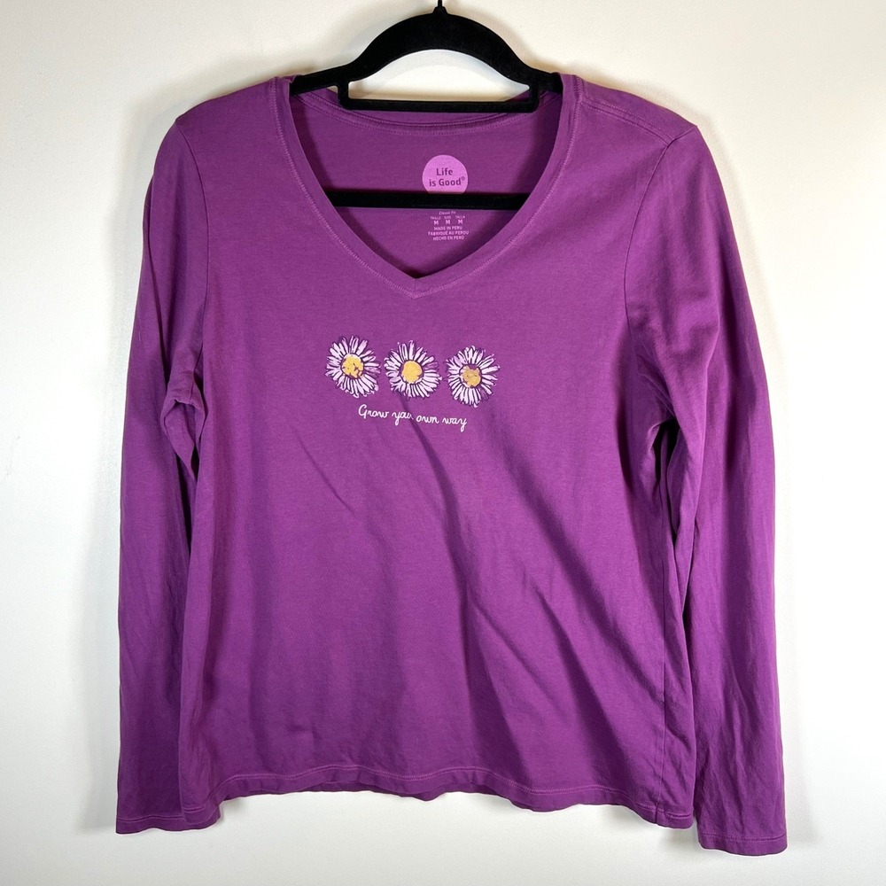 Life is Good Womens Purple‎ Long Sleeve V Neck Daisy "Grow Your Own Way" Tee M